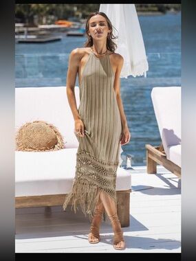Sleeveless Ribbed Fringe Midi/Maxi Dress Cupshe NWT!!